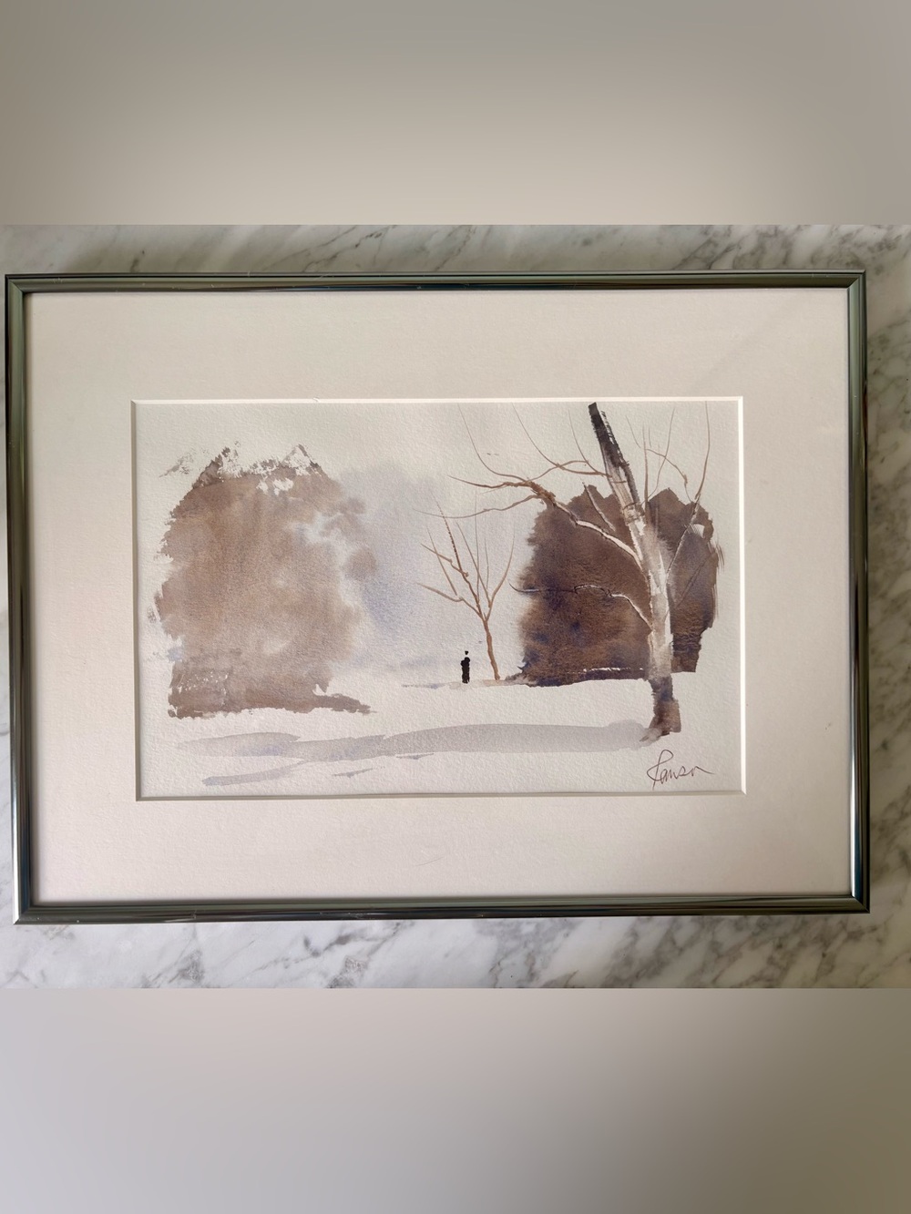 Vintage Original Framed Watercolor Art - Winter Landscape